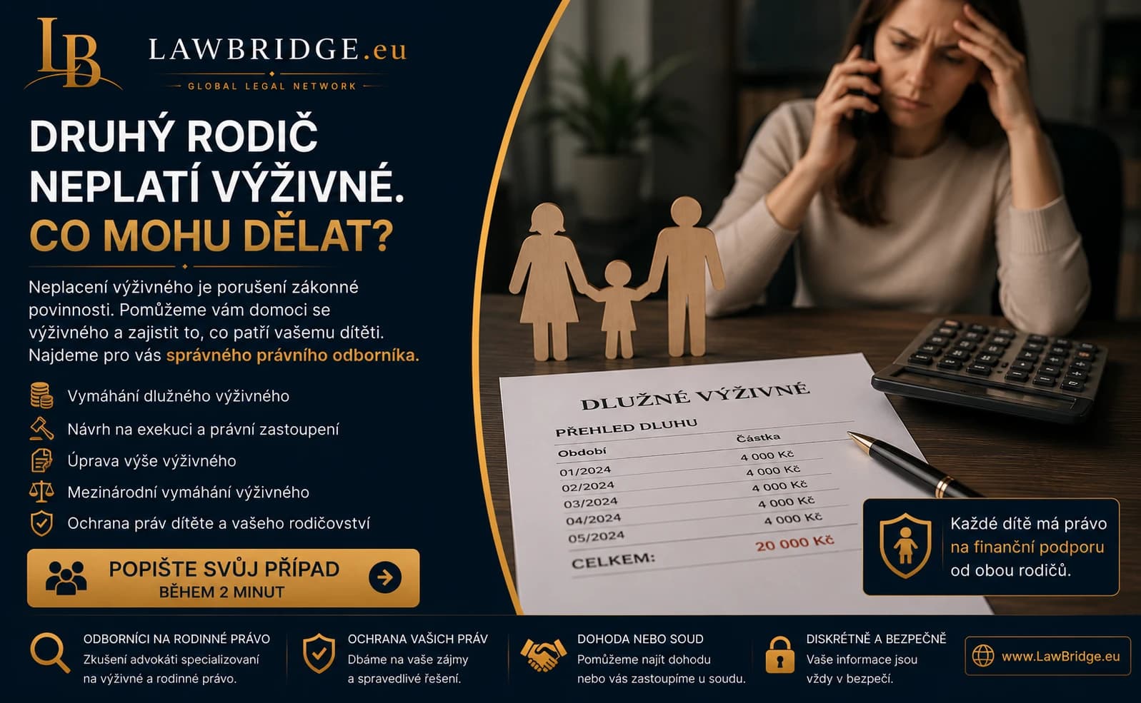 Druhý rodič neplatí výživné | LawBridge Druhý rodič neplatí výživné. Co mohu dělat? LawBridge vám pomůže domoci se výživného a zajistit to, co patří vašemu dítěti.
