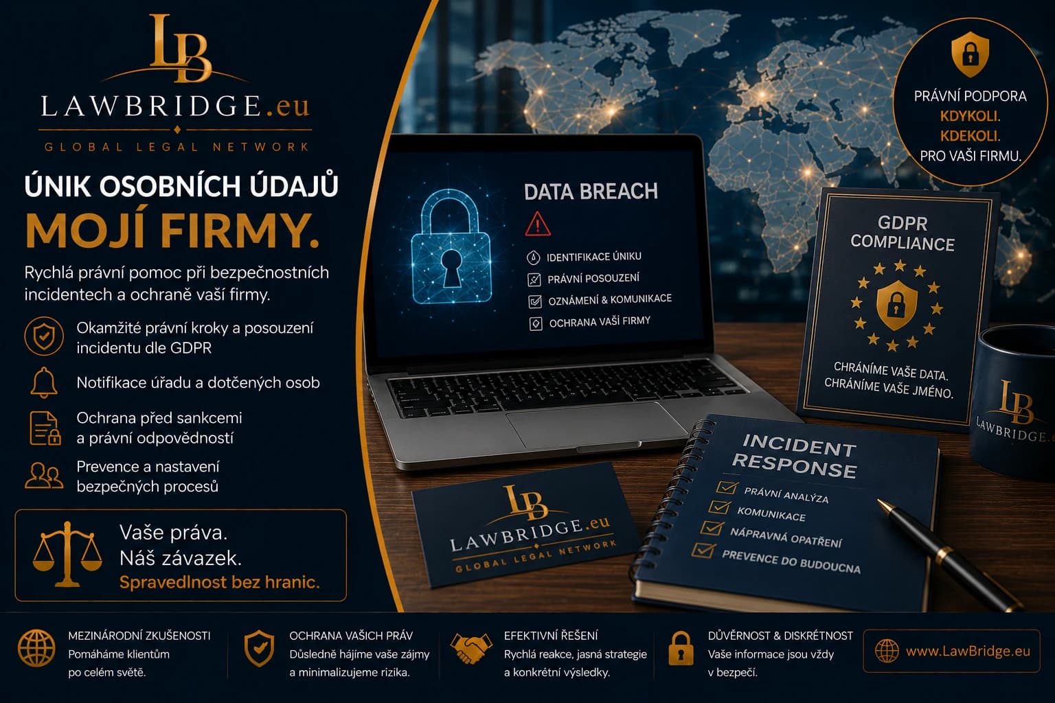 Únik osobních údajů firmy | LawBridge Únik osobních údajů mojí firmy. Rychlá právní pomoc při bezpečnostních incidentech a ochraně vaší firmy dle GDPR.